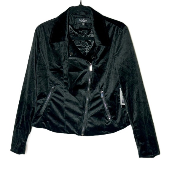 NWT CoffeeShop Black Velvet Moto Jacket with Front Zipper & Zipped Pockets, M - Picture 2 of 15